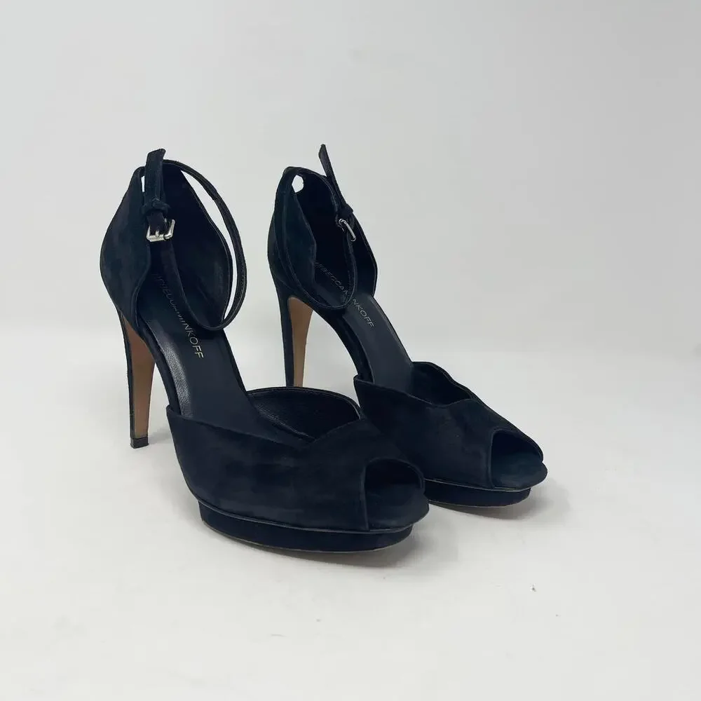Rebecca Minkoff Ivy Peep Toe Pump Womens 8M Black Suede Ankle Strap Dressy Party